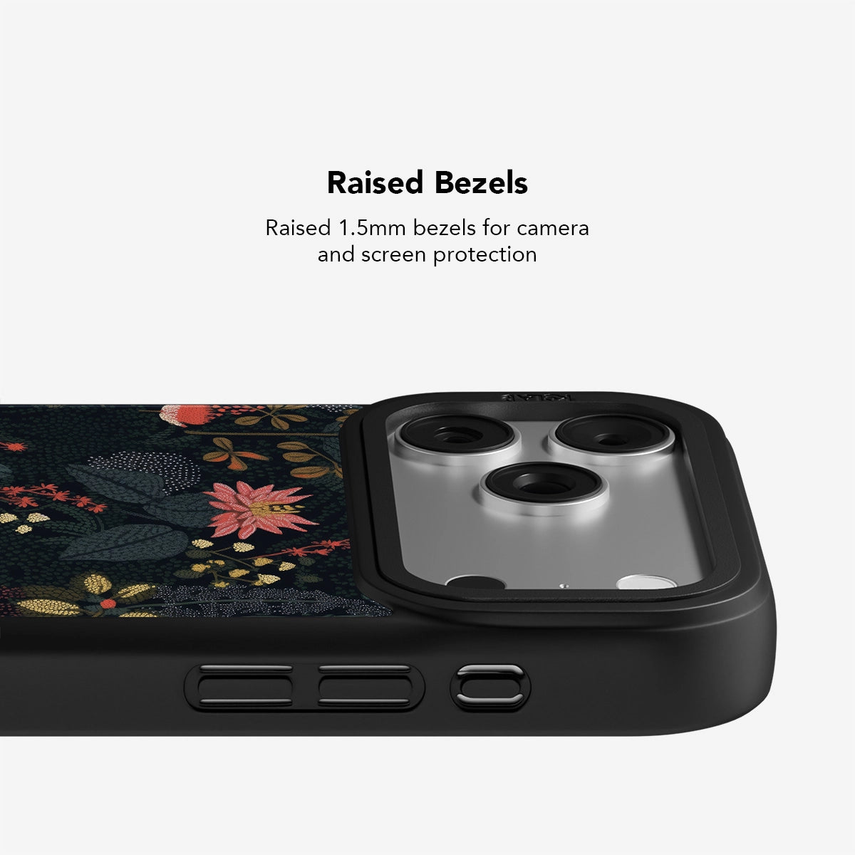 Starlit Botanica Dark Academia floral phone case with denim-inspired pattern and raised 1.5mm bezels for iPhone camera and screen protection.