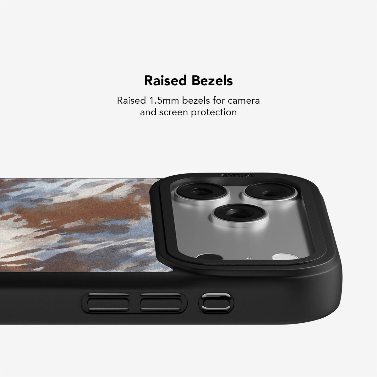 Close-up of KELAB Abstract Earthy Watercolor Phone Case showing 1.5mm raised bezels for enhanced camera and screen protection.