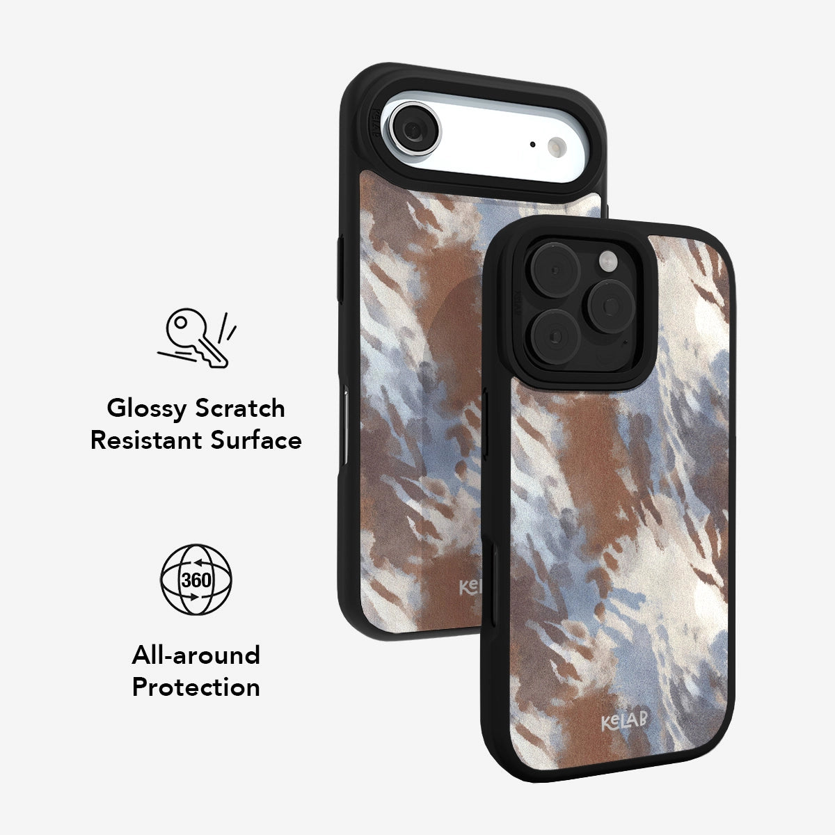 KELAB Abstract Earthy Watercolor Phone Case offering 360° protection and a glossy, scratch-resistant surface with a stylish watercolor design.