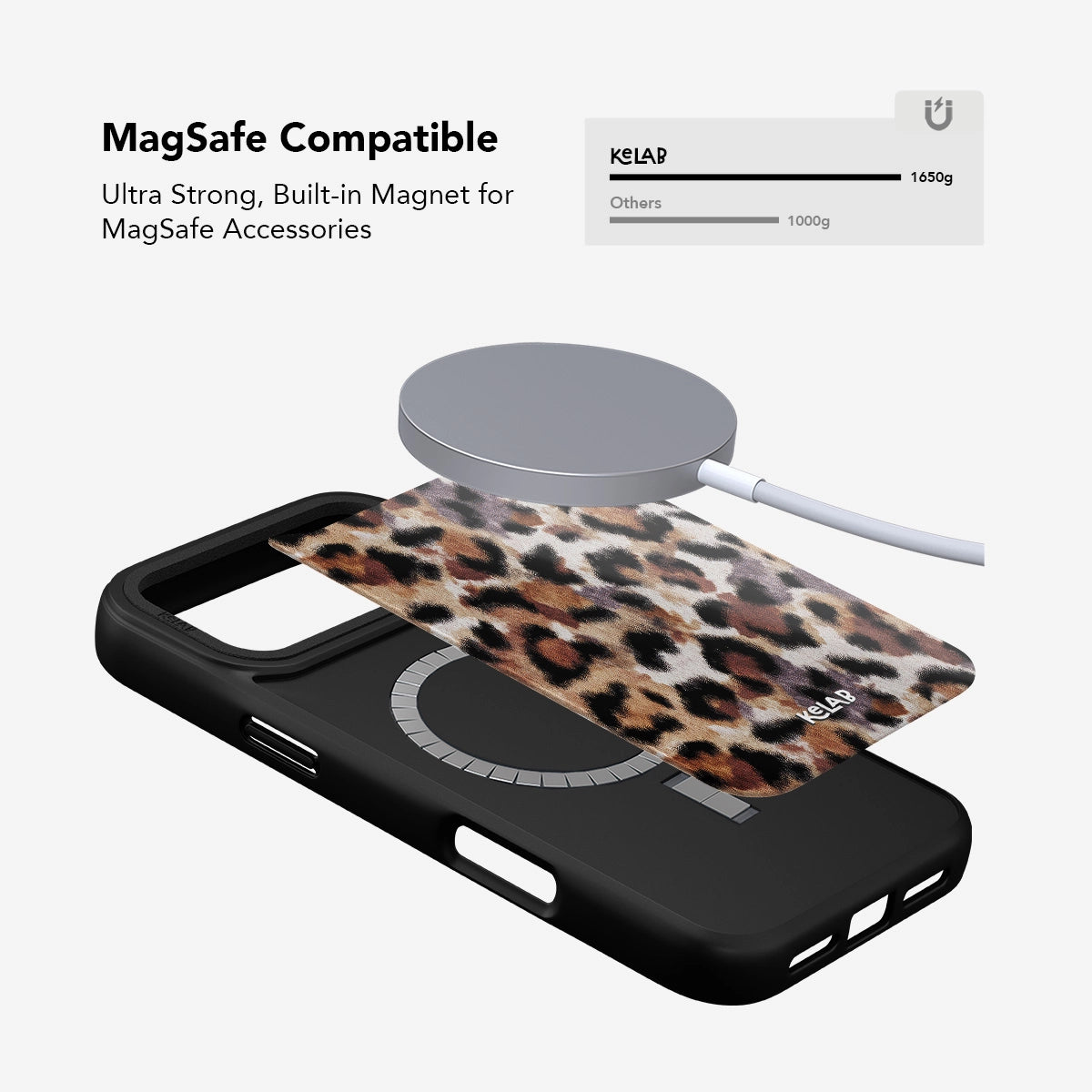 MagSafe compatible cheetah print iPhone case with built-in magnet for strong accessory attachment and seamless wireless charging.