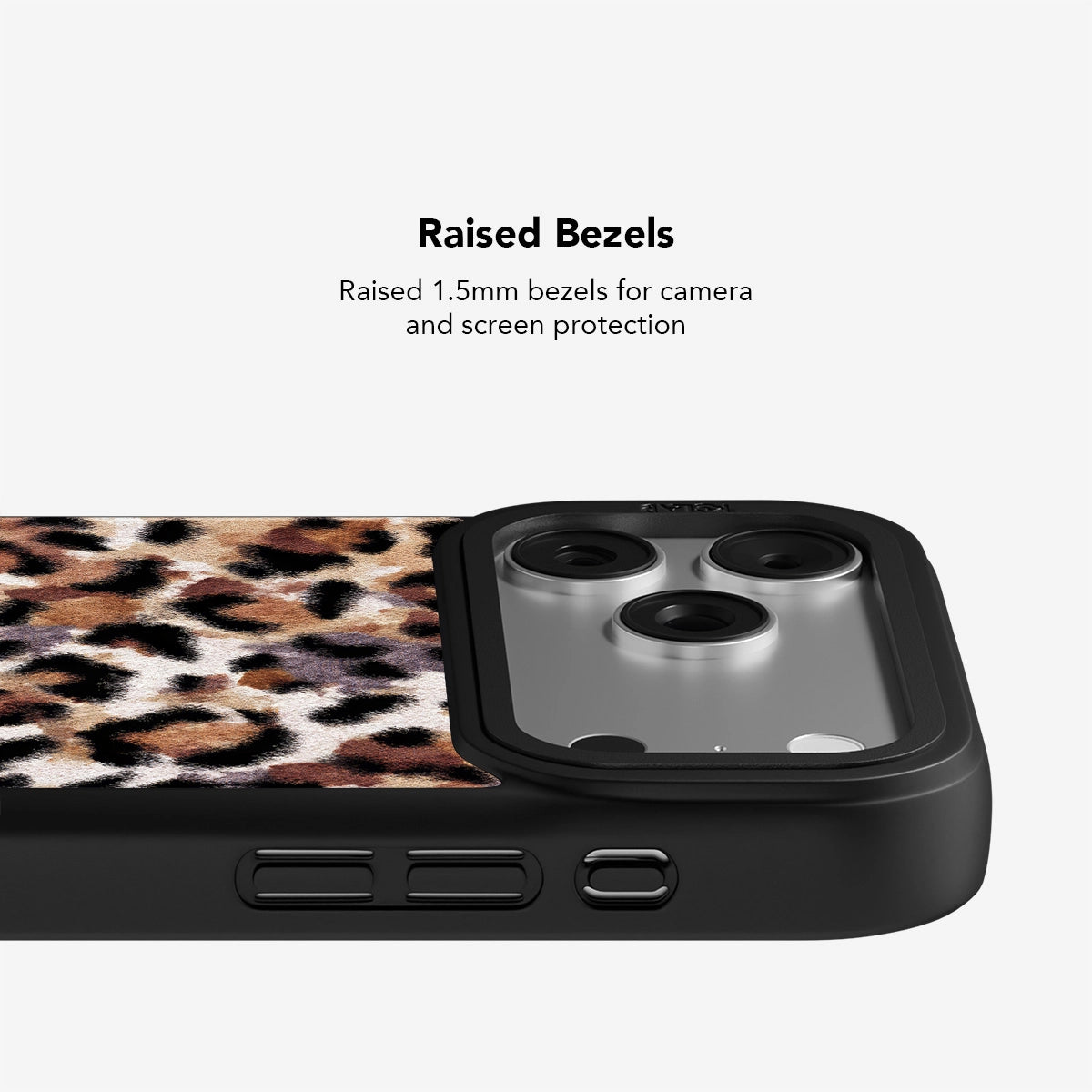 Cheetah print iPhone case with raised 1.5mm bezels for enhanced camera and screen protection in a stylish animal fur pattern.