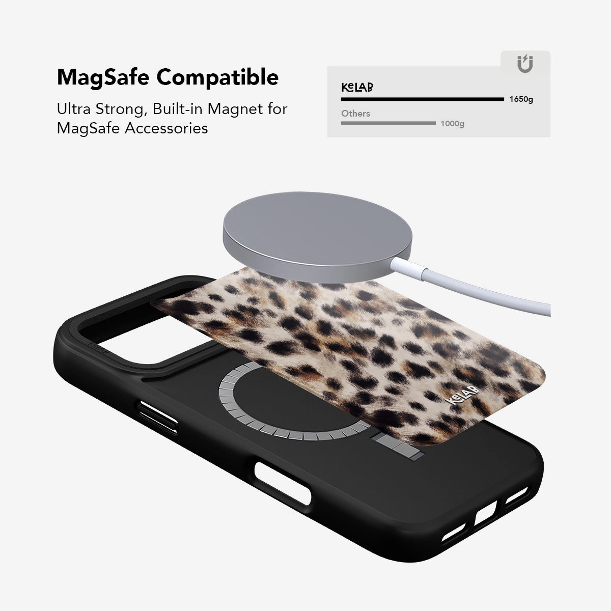 Cheetah Print iPhone Case with MagSafe compatibility, featuring strong built-in magnet for secure attachment to MagSafe accessories.