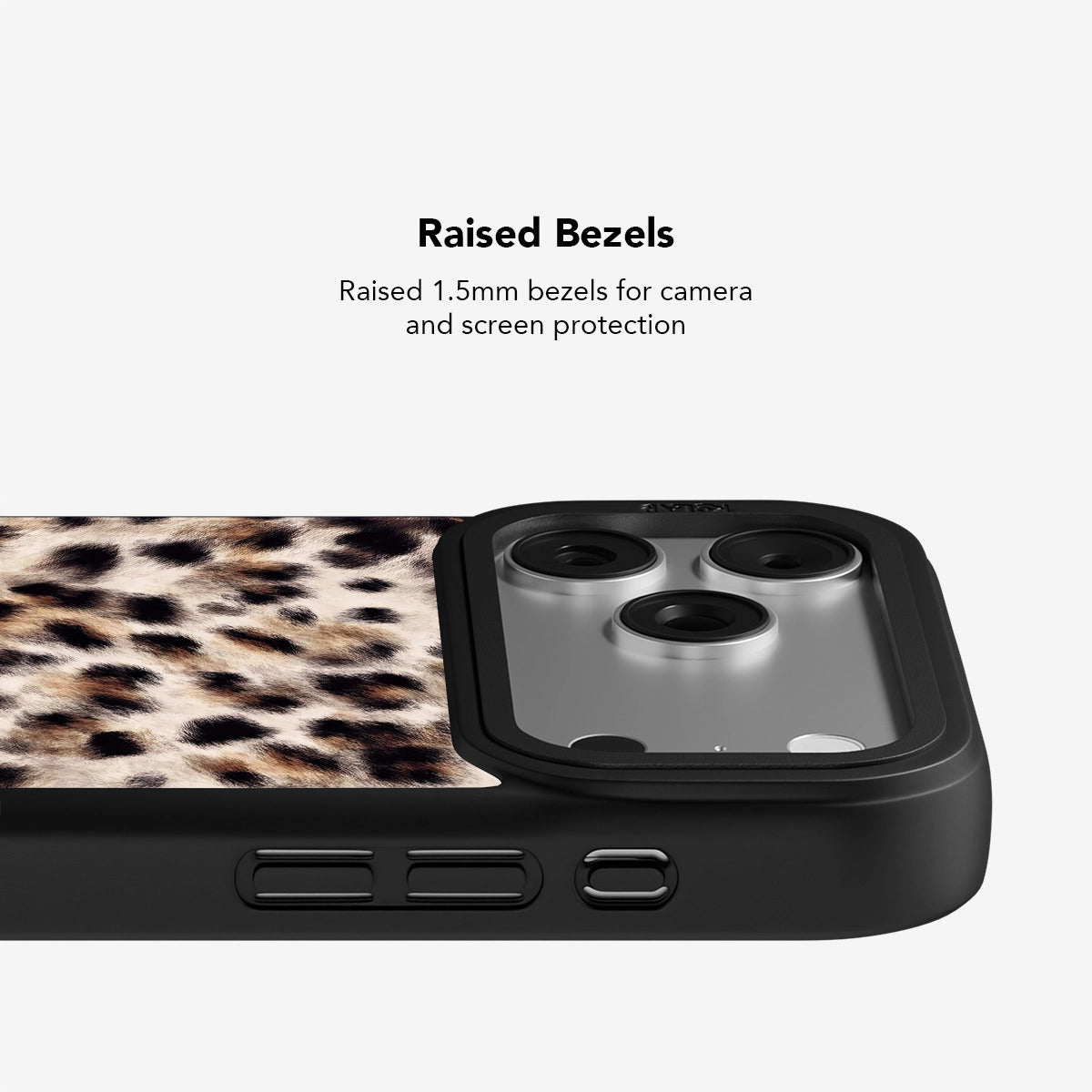Close-up of Cheetah Print iPhone Case highlighting 1.5mm raised bezels for added camera and screen protection against drops and scratches.