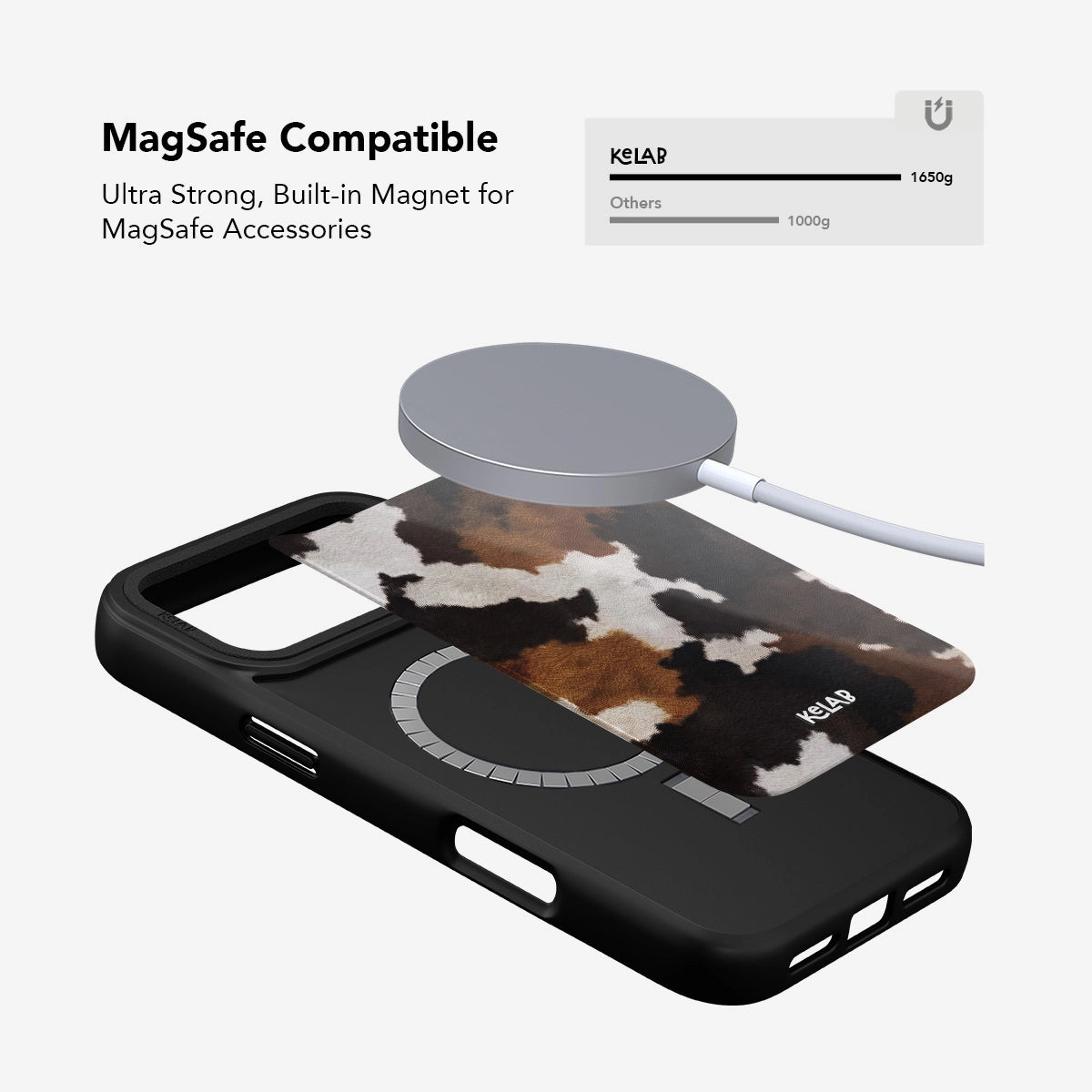 MagSafe compatible Brown and Black Cow Print iPhone Case with built-in strong magnet for secure attachment to MagSafe accessories by KELAB.