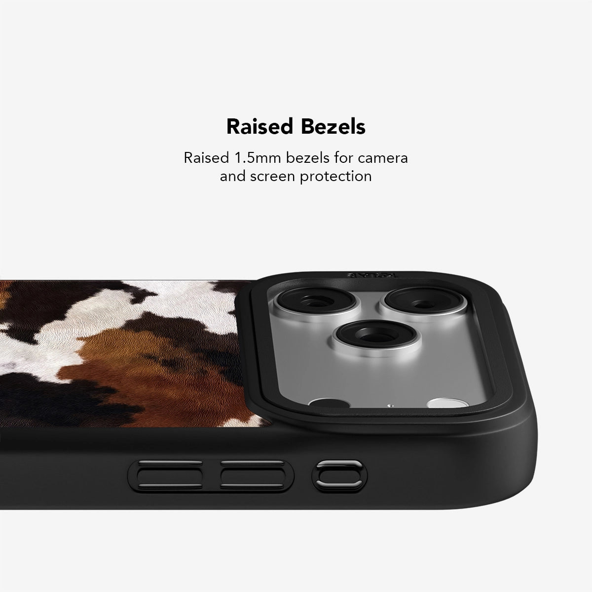 KELAB Brown and Black Cow Print iPhone Case with 1.5mm raised bezels for enhanced camera and screen protection in a stylish cowhide pattern.