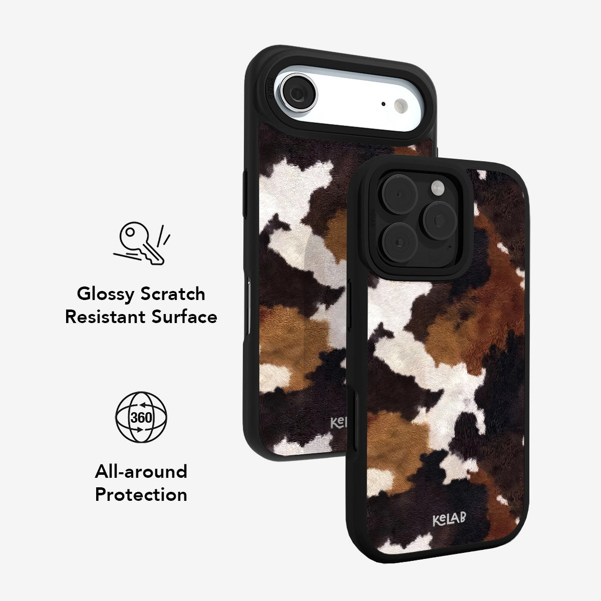 Glossy scratch-resistant Brown and Black Cow Print iPhone Case by KELAB offering 360-degree protection with a Western-inspired cowhide design.