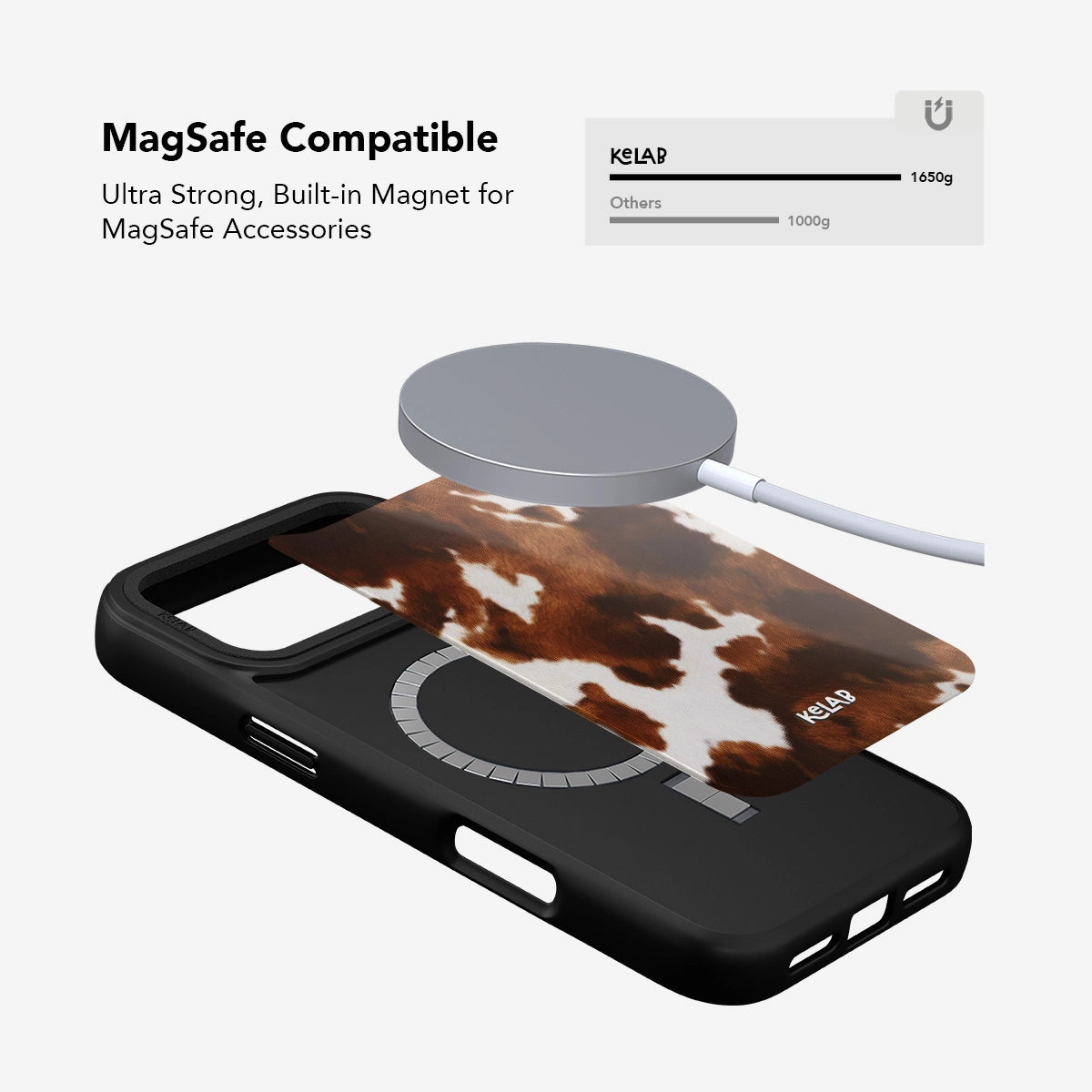 KELAB cow print iPhone case with built-in MagSafe magnet for strong accessory compatibility, shown with magnetic charger alignment.