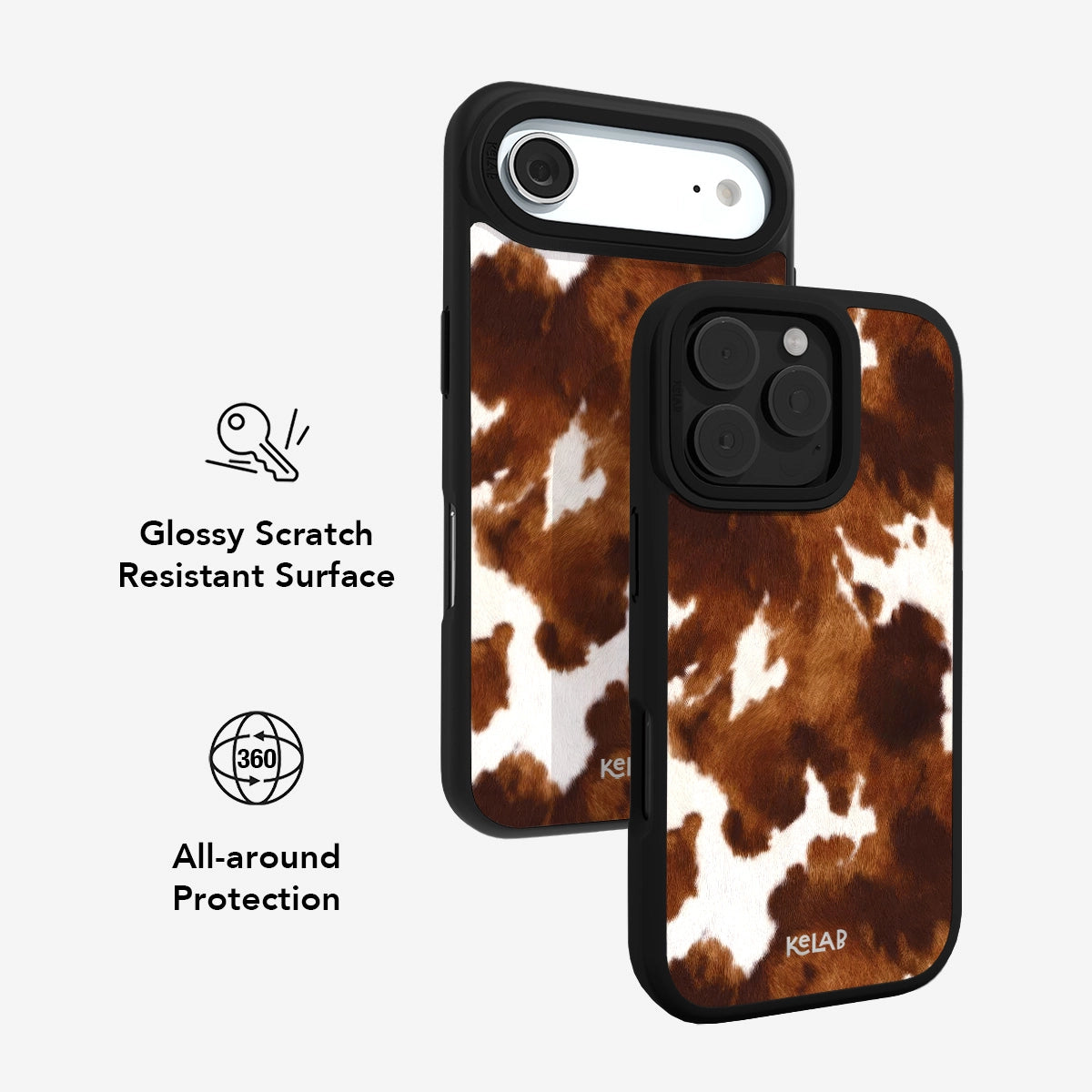Glossy scratch-resistant KELAB cow print iPhone case offering 360-degree protection with a stylish brown and white hide pattern.