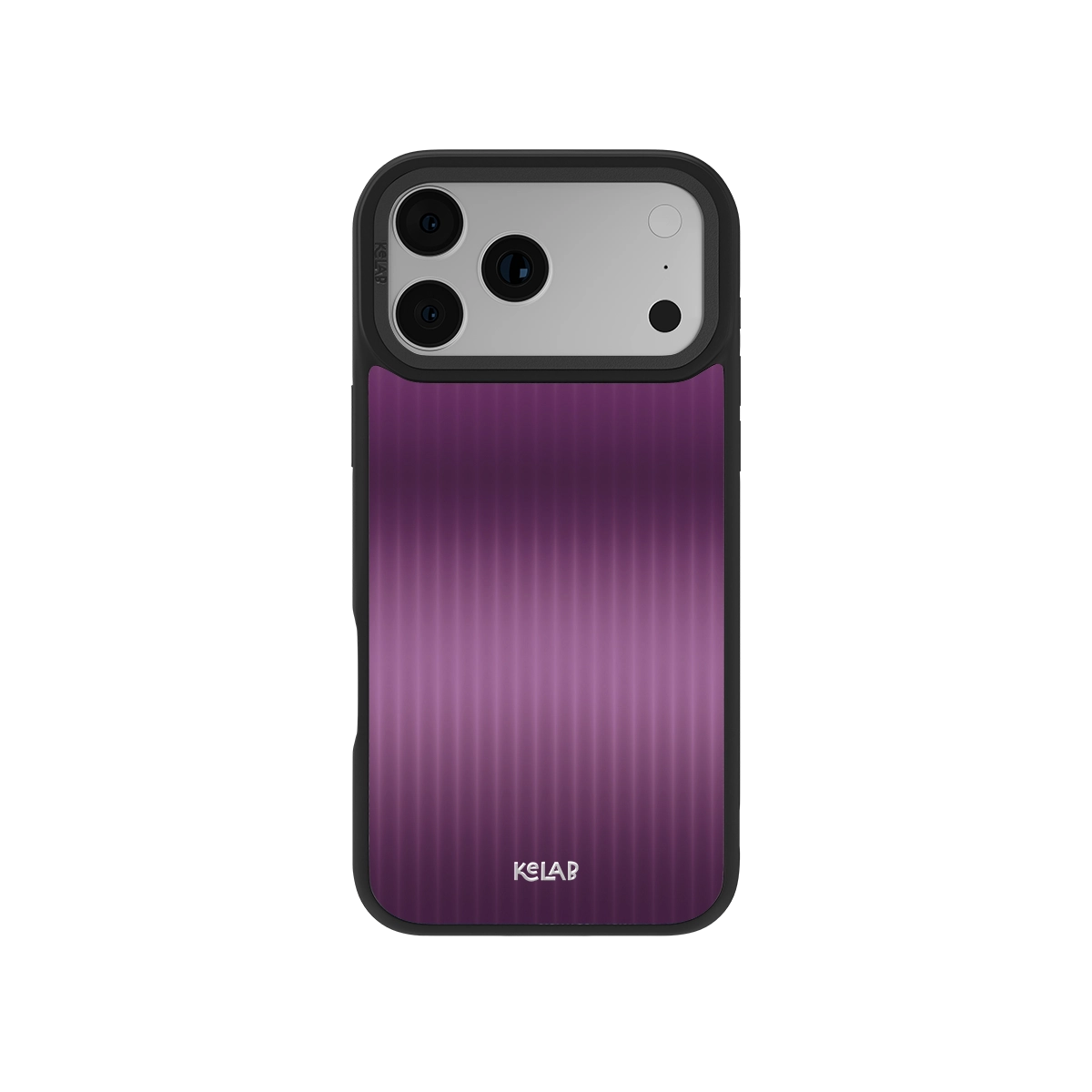 Purple striped phone case with black edges, designed for iPhone, offering sleek protection and style.