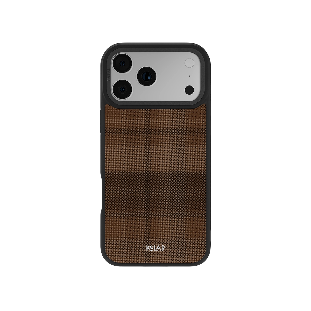 Brown plaid iPhone case with durable black edges and textured finish for added grip.