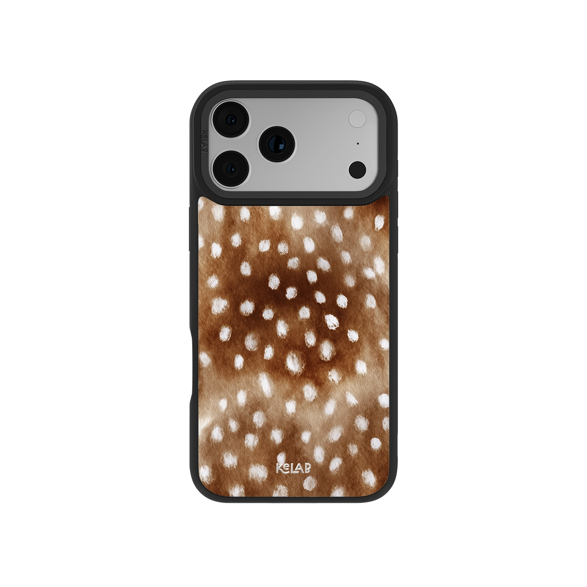 Fawn & Deer Print Cottagecore iPhone Case with brown watercolor fur pattern and white spots, designed for a soft woodland aesthetic.
