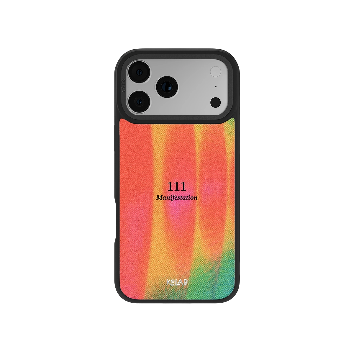 Angel Number 111 iPhone case with retro gradient design in orange, pink, and green tones, featuring 'Manifestation' text for spiritual aesthetic.
