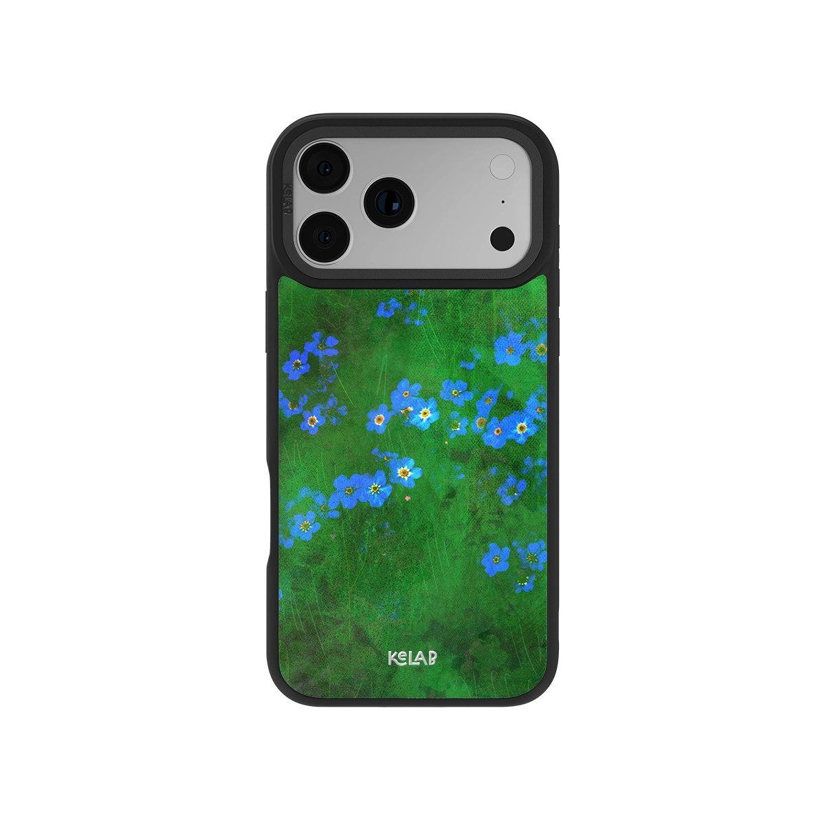 Vibrant green floral iPhone case by KELAB featuring whimsical blue flowers on a glossy surface. Ideal for spring-inspired phone accessories.