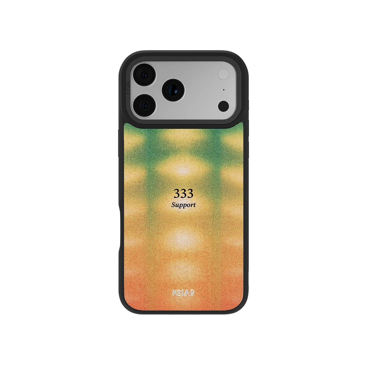 Angel Number 333 iPhone Case with retro gradient design in orange, green, and yellow tones, featuring 'Support' text for spiritual aesthetic.