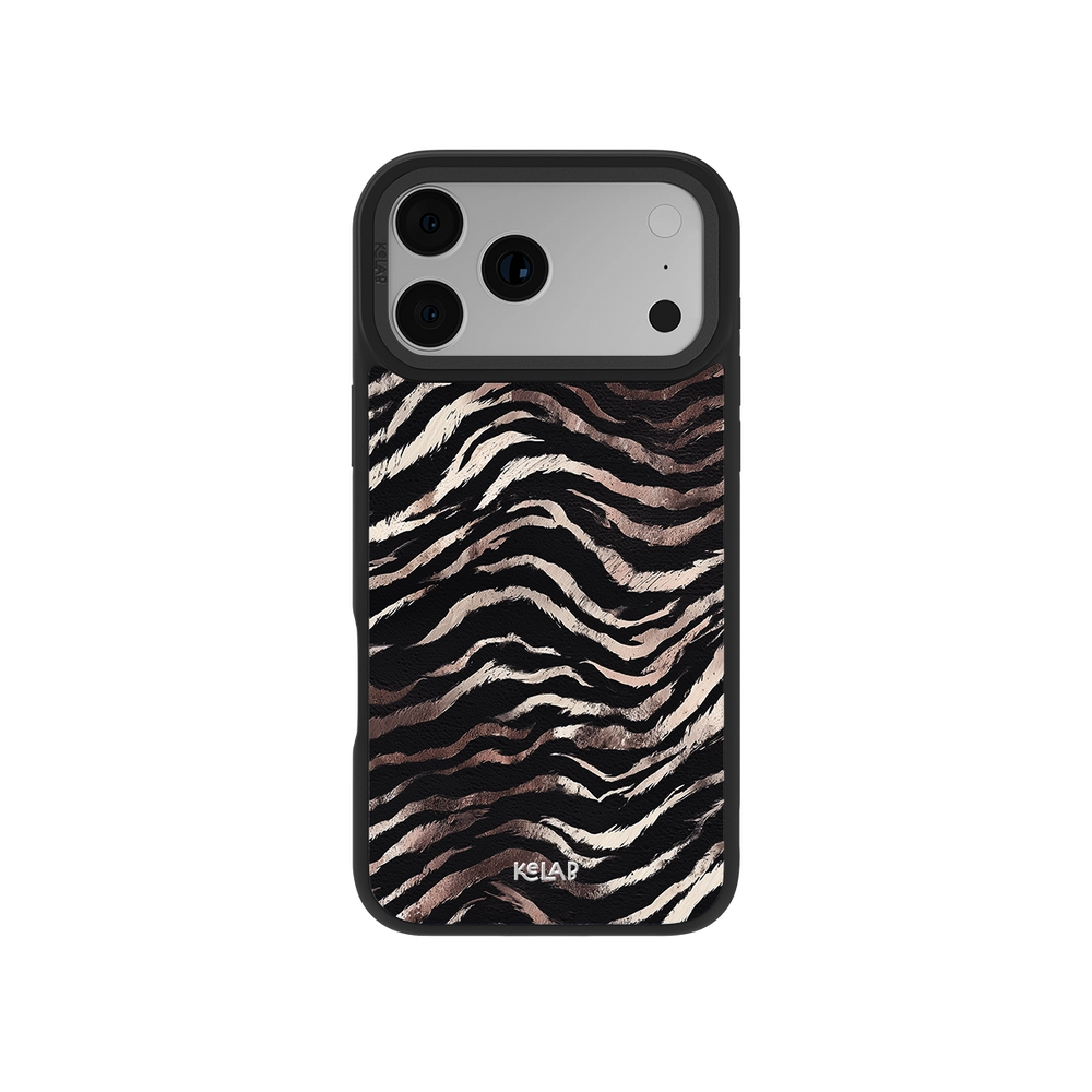 Zebra Stripe iPhone Case with rose gold metallic animal print on dark background, designed for stylish protection and luxury appeal.
