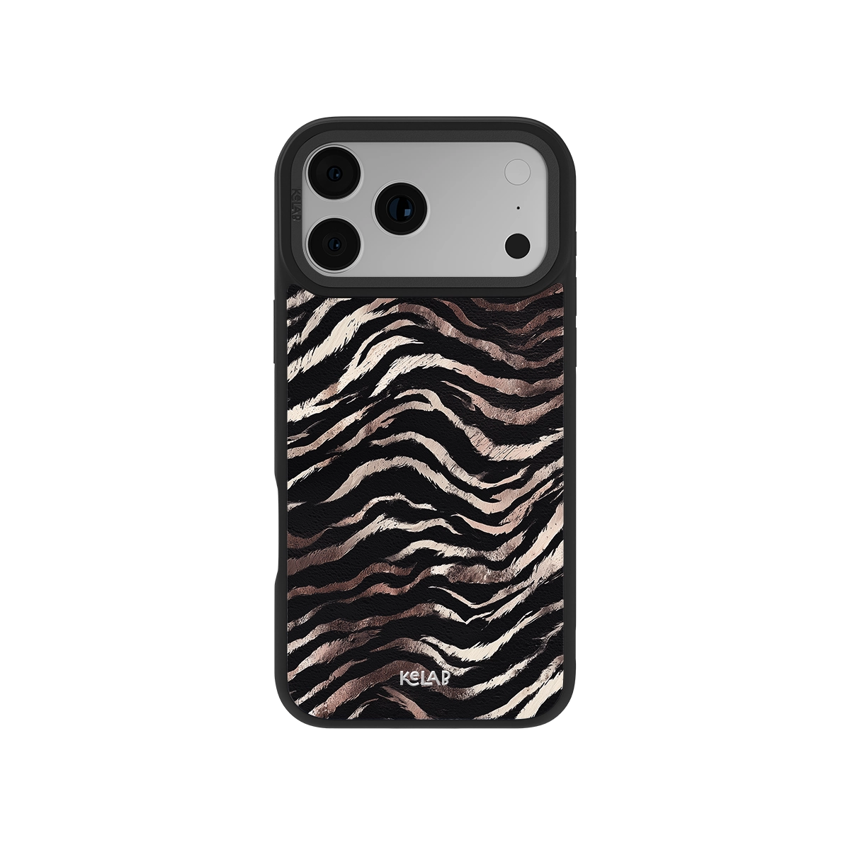 Zebra Stripe iPhone Case with rose gold metallic animal print on dark background, designed for stylish protection and luxury appeal.