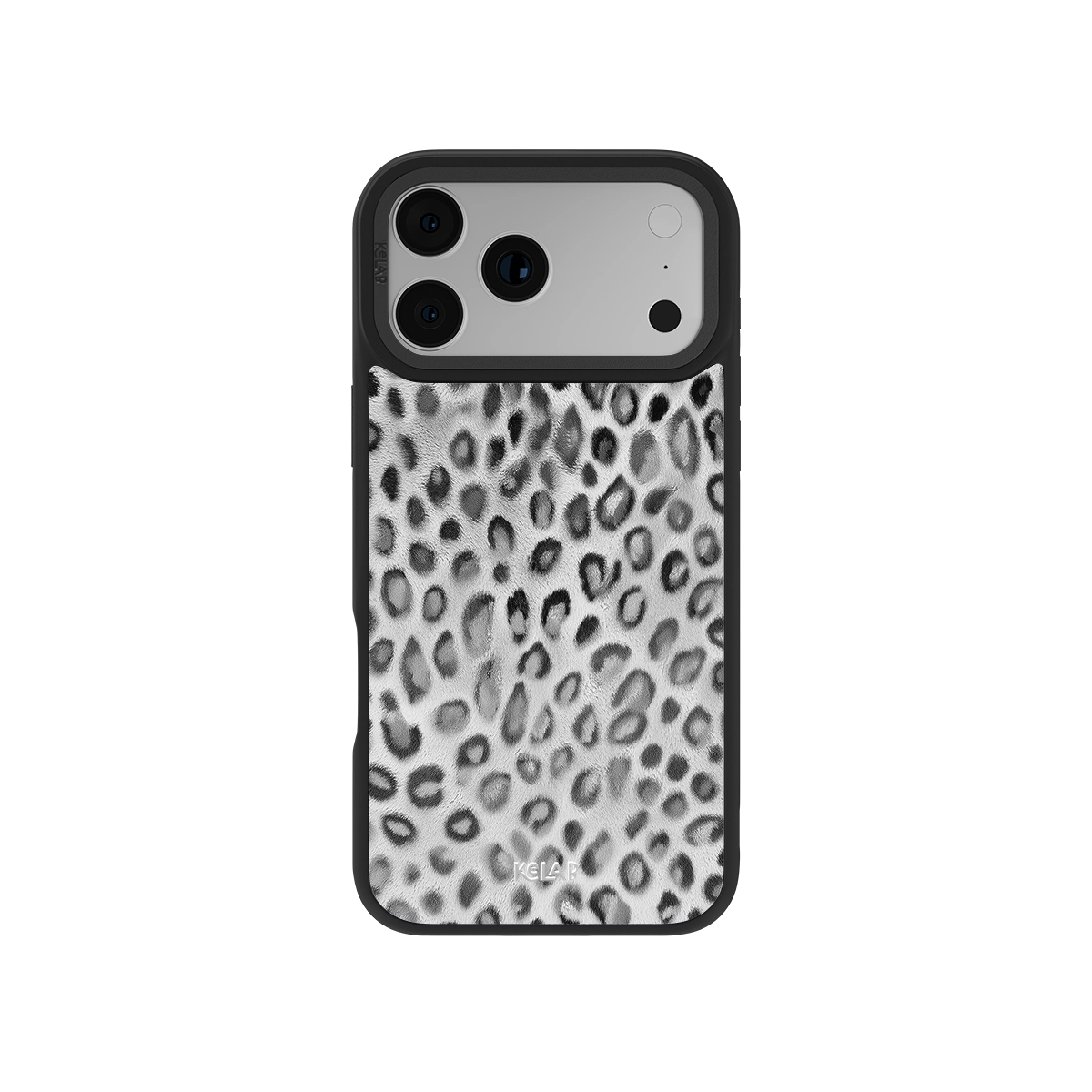Silver Leopard Print iPhone Case with glossy animal pattern and black bumper edges, designed for a bold, modern aesthetic.