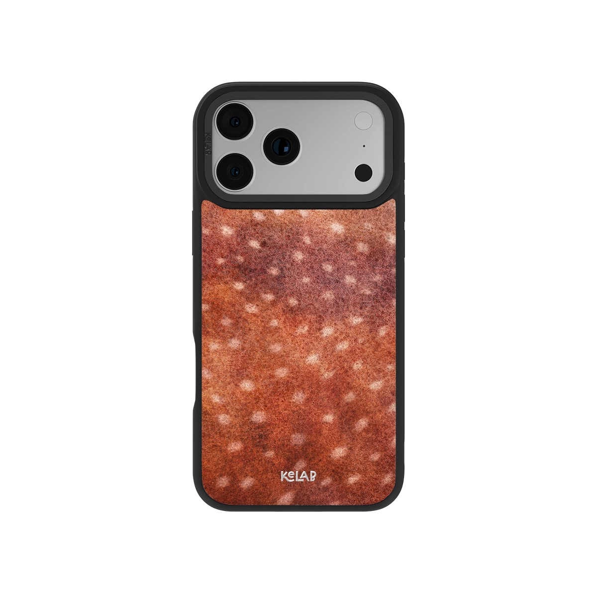 Warm russet fawn case with burnt orange animal print design for iPhone. Features a sleek, earth tone aesthetic and durable black frame.