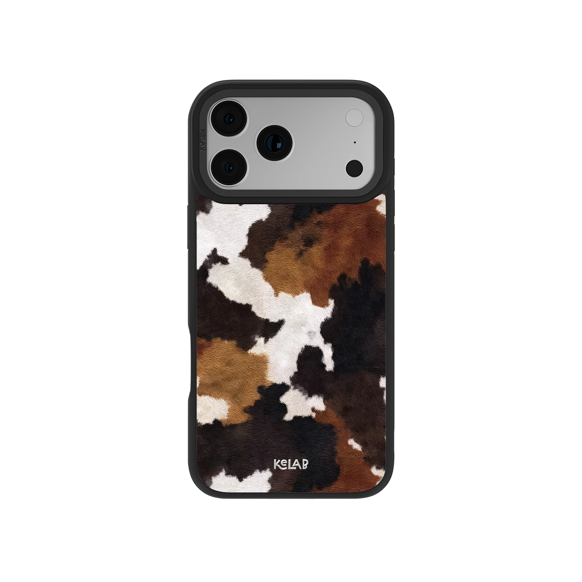 Brown and Black Cow Print iPhone Case by KELAB featuring a realistic cowhide pattern with a sleek black bumper for a rustic Western look.