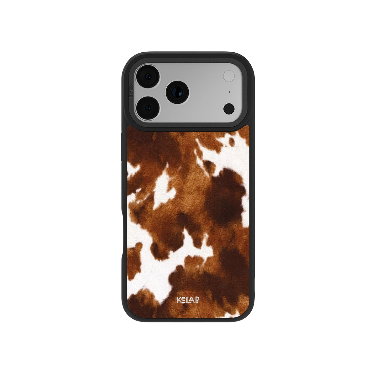Brown and white cow print iPhone case by KELAB with mahogany tones and soft fur-like pattern, designed for a rustic, country-inspired aesthetic.