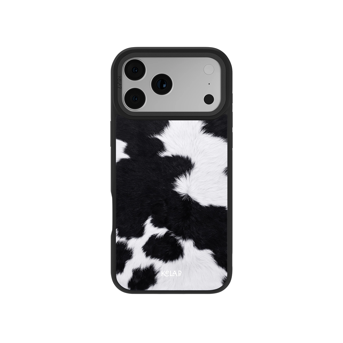 Black and white cow print phone case, made of soft fur material, stylish and protective for iPhone.