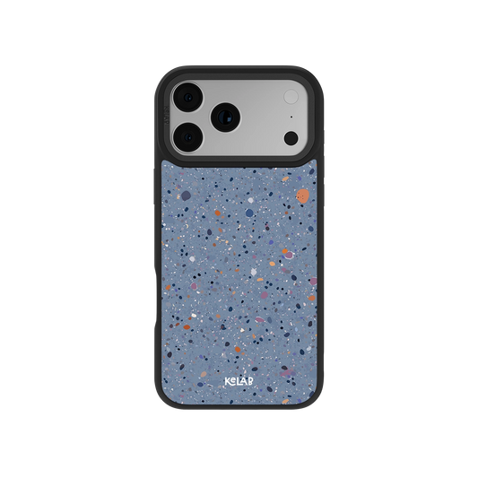 Blue terrazzo phone case with black edges, designed for modern smartphones.