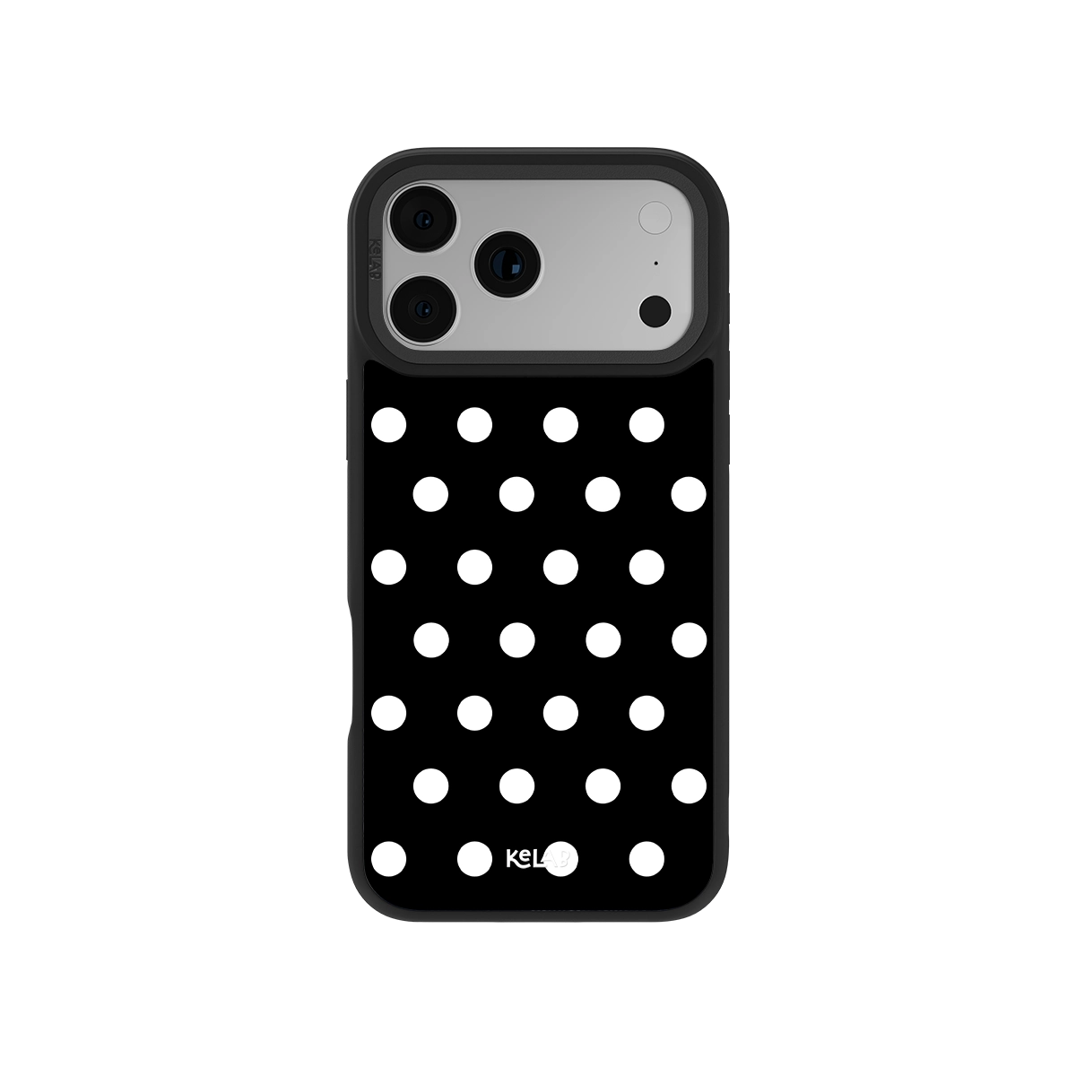 Black polka dot phone case for iPhone, sleek design, durable material, stylish protection.