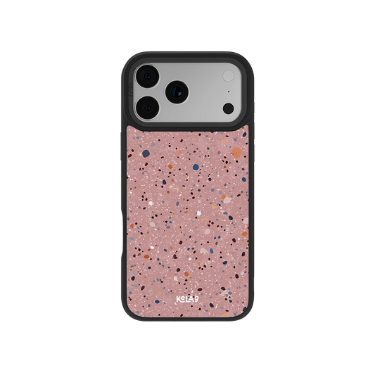 Pink terrazzo phone case with black edges for iPhone, durable material, stylish and protective design.