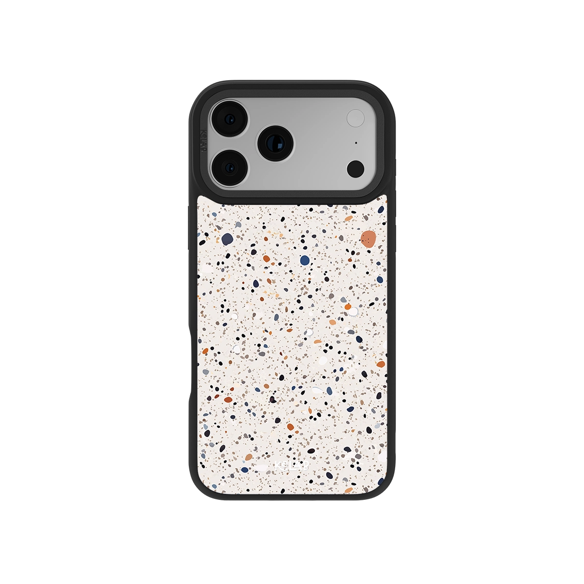 Stylish iPhone case in speckled design, features durable material and black edge protection.