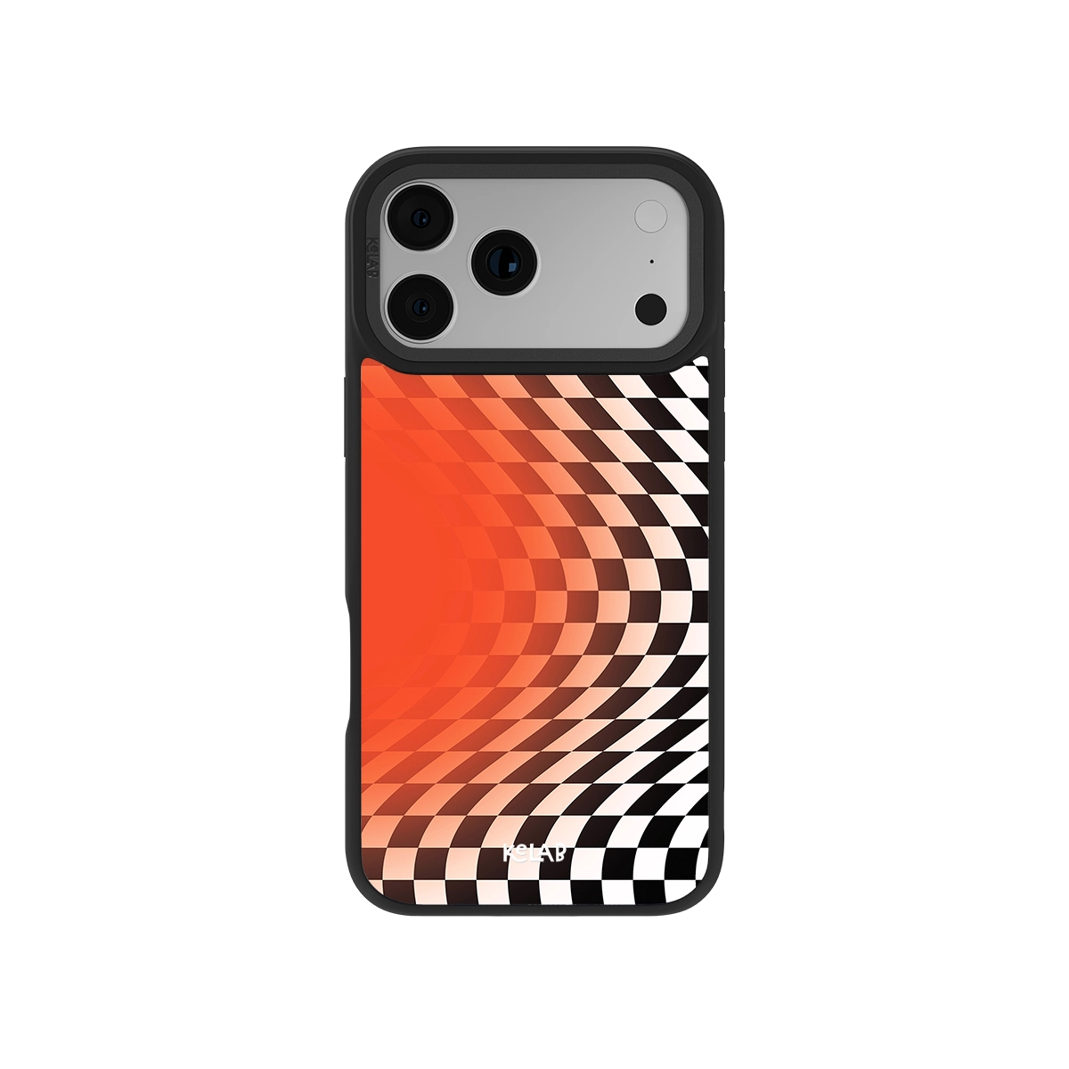 Stylish black and orange checkered phone case for iPhone, featuring a modern ripple design.