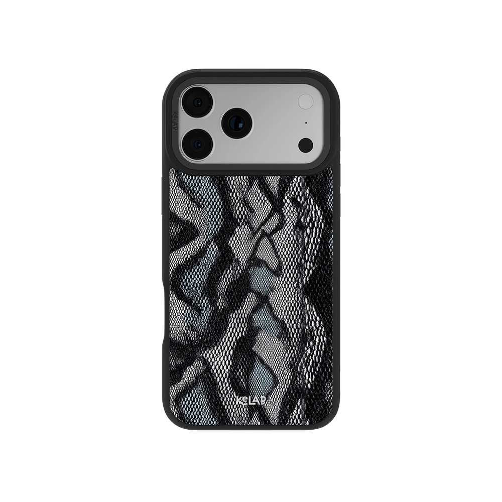 Stylish iPhone case in teal and black snakeskin texture — a minimalist design perfect for modern devices.