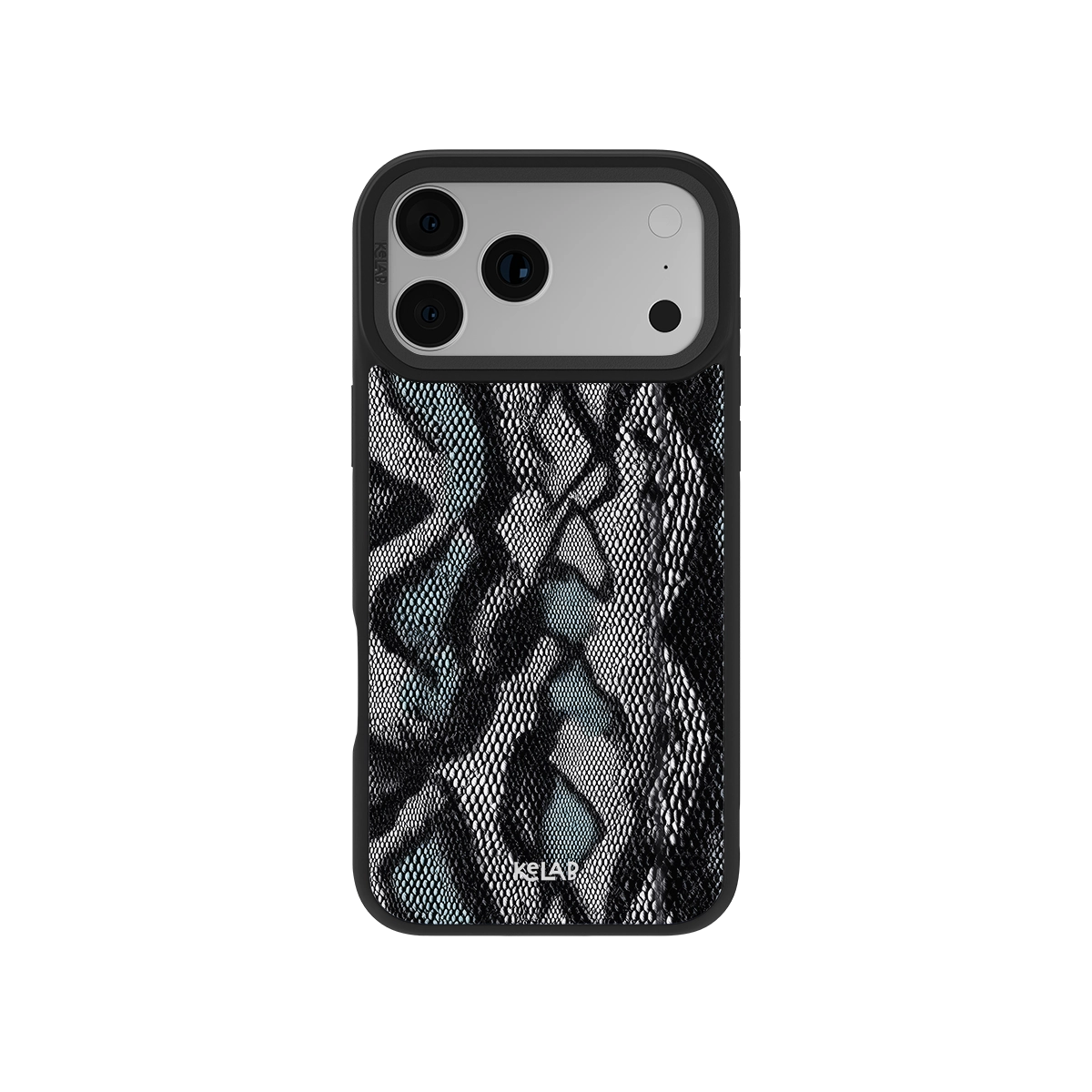 Stylish iPhone case in teal and black snakeskin texture — a minimalist design perfect for modern devices.