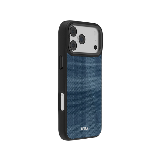 Stylish iPhone case in black with a blue denim pattern, offering sleek protection and modern design.