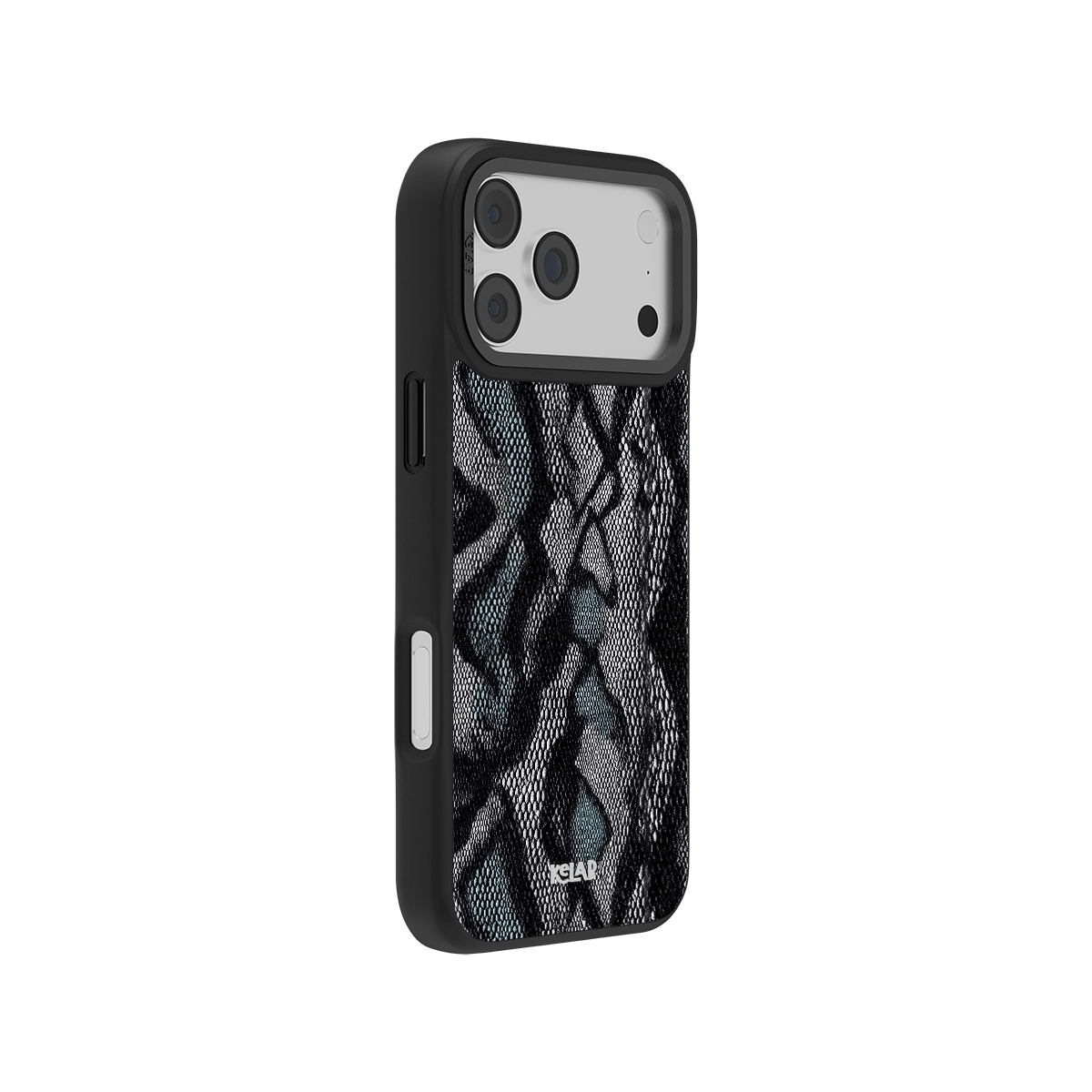 Stylish iPhone case in snakeskin texture with teal and black accents, offering a sleek and modern look.