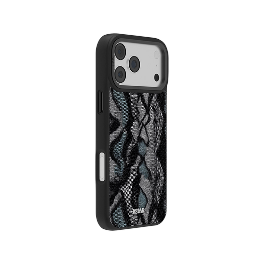 Stylish iPhone case in snakeskin texture with teal and black accents, offering a sleek and modern look.