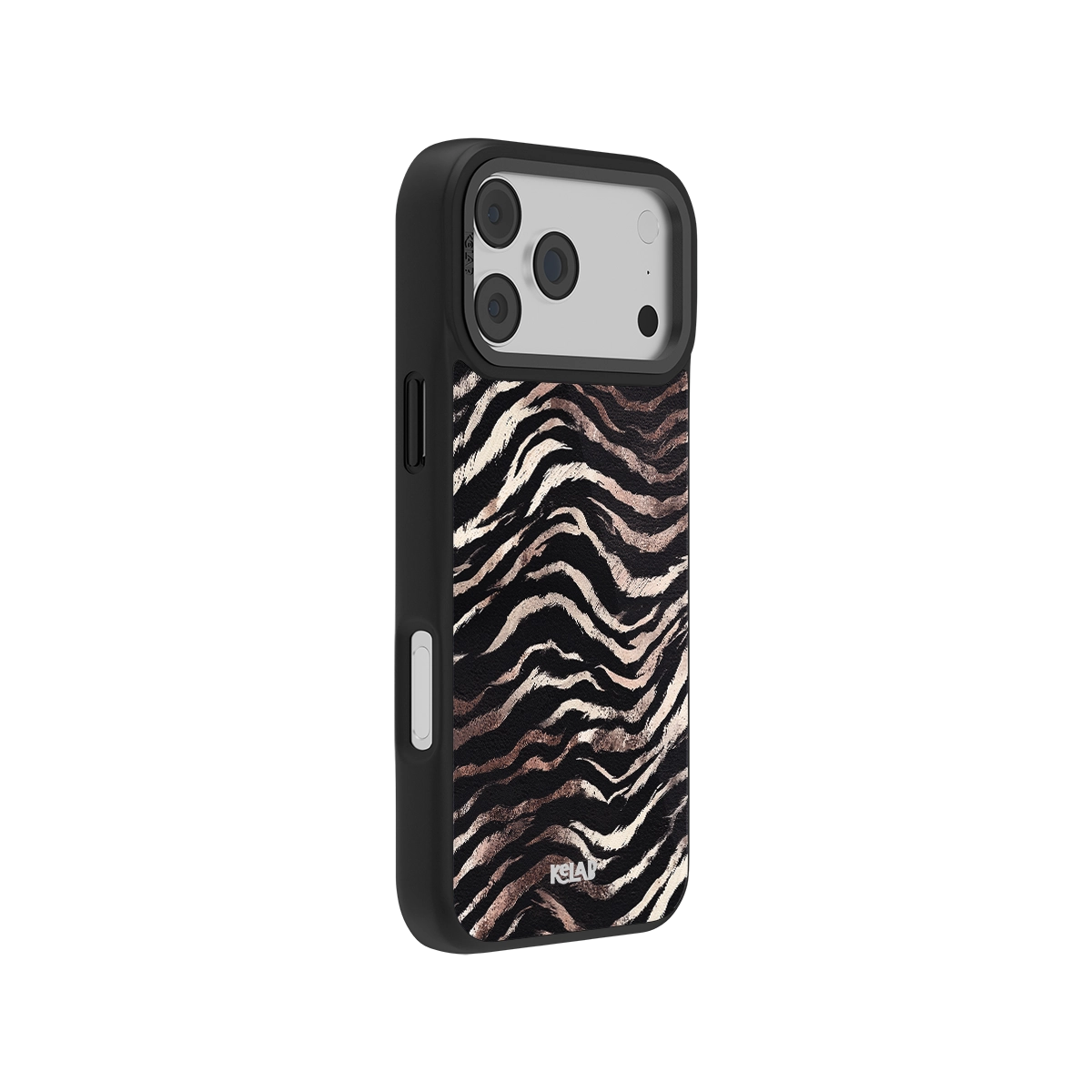 Classic Zebra Stripe iPhone Case featuring shimmering rose gold accents and sleek black edges for a bold, chic mobile accessory.