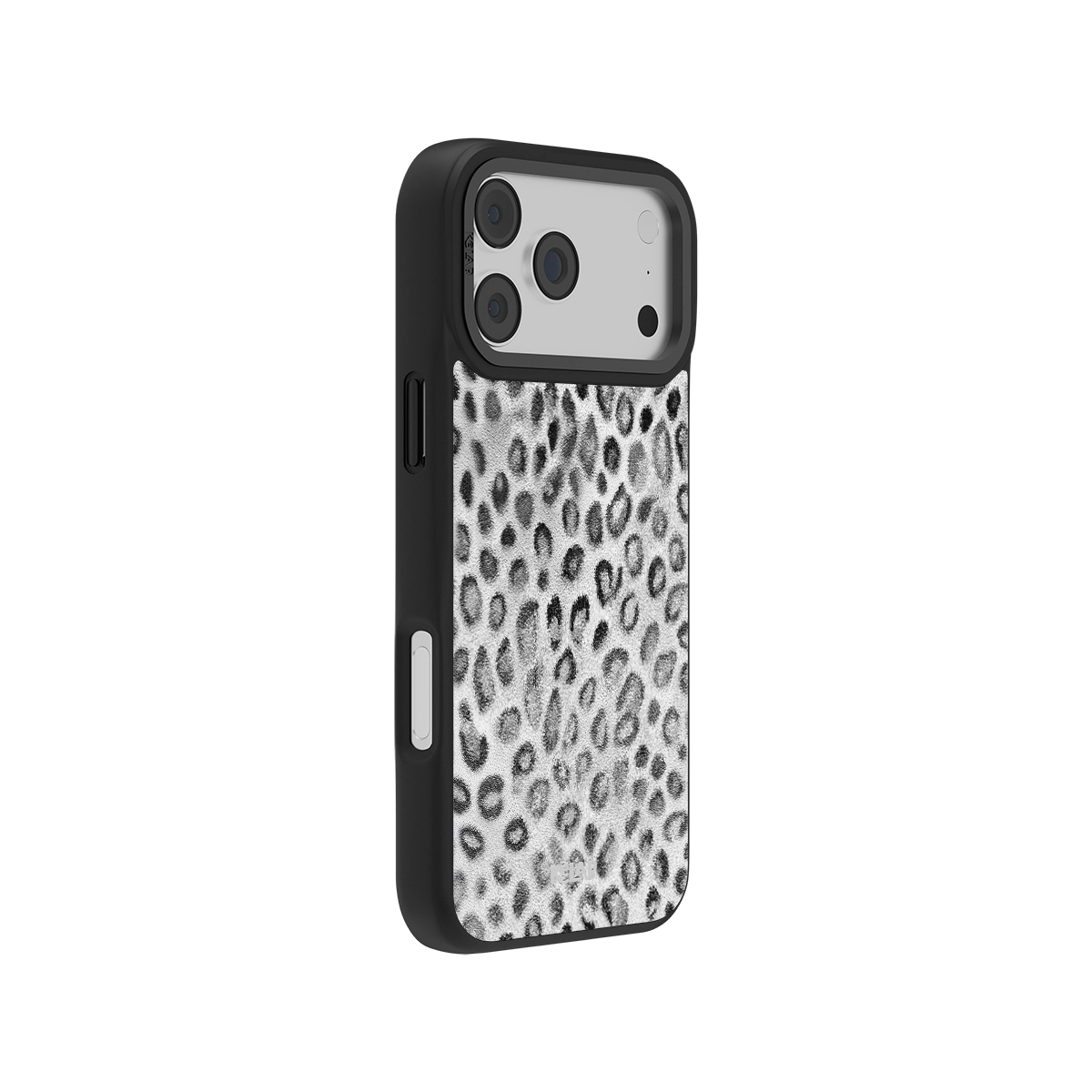 Side view of Silver Leopard Print iPhone Case showing sleek profile, metallic animal pattern, and durable black frame.