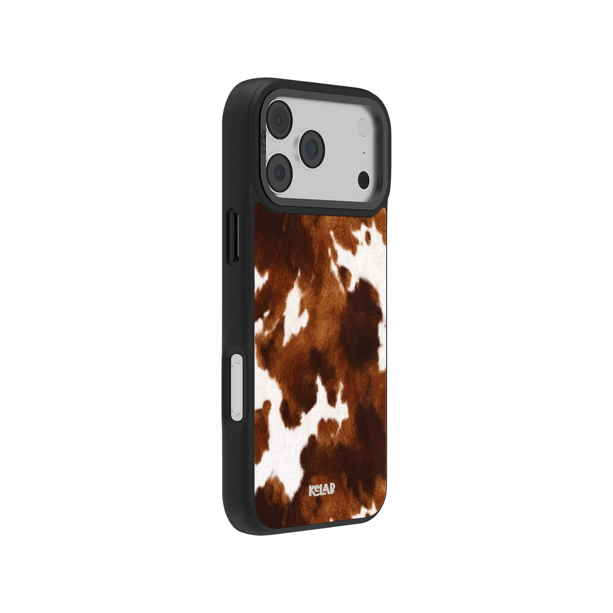 Side view of KELAB brown and white cowhide iPhone case featuring a classic country design with durable black bumper edges for added grip.