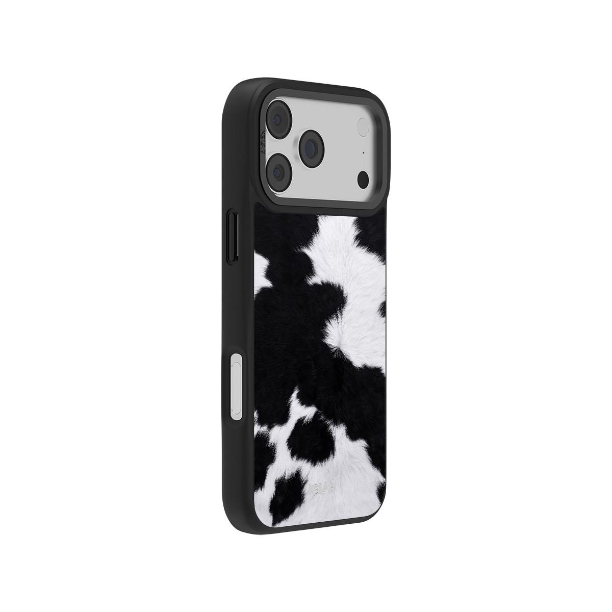 Black and white cow print iPhone case, made with durable materials for stylish protection.