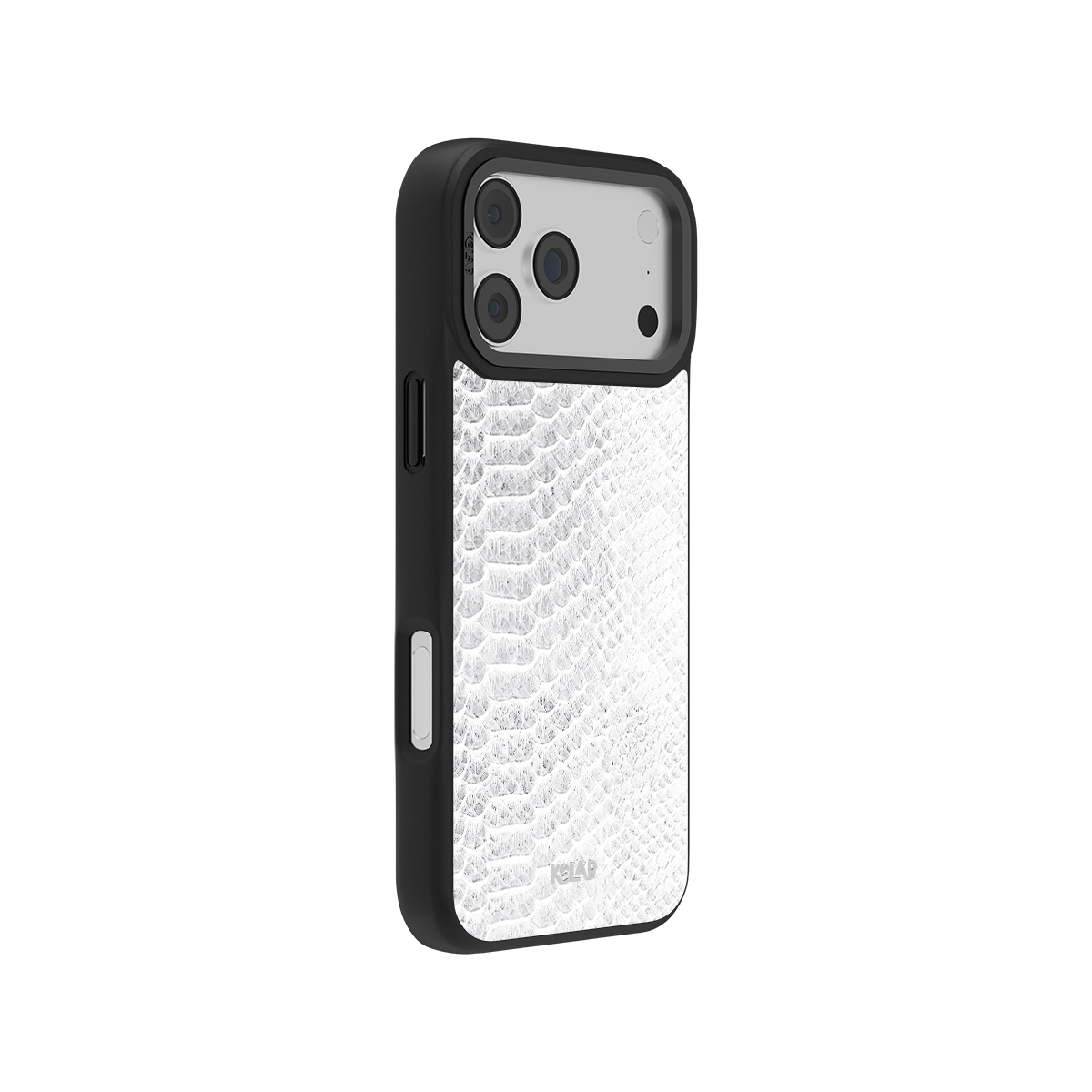 Black iPhone case with white snake pattern, durable material, stylish design for iPhone 13 compatibility.