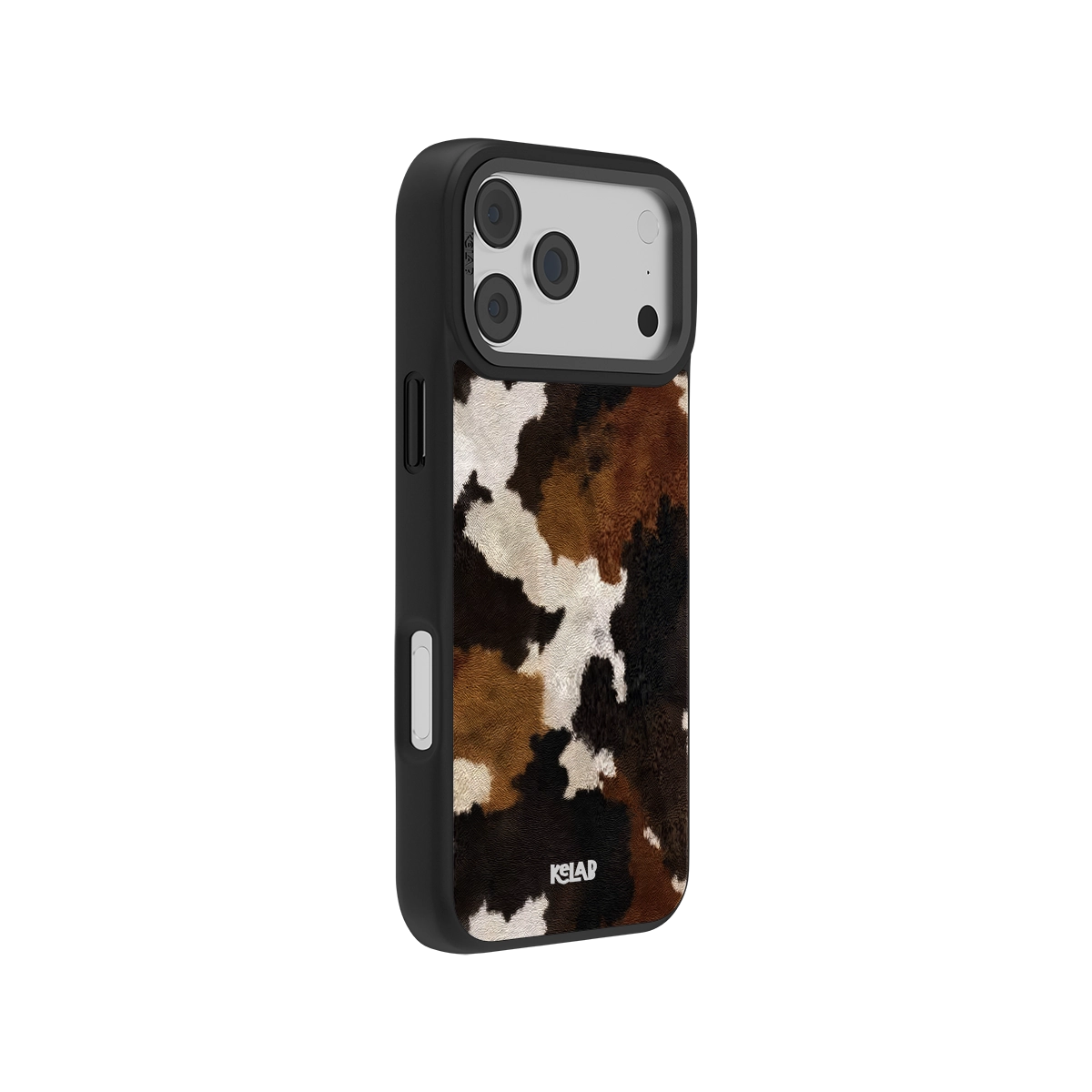 side view of an iPhone 17 pro max case with cow print design on a white background