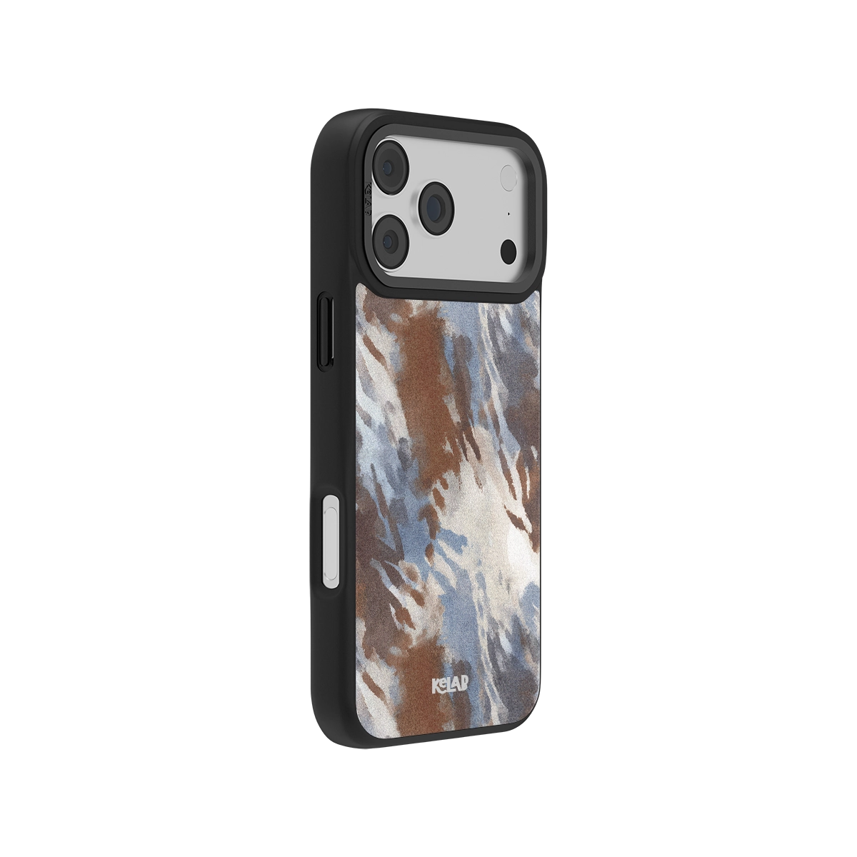 Side view of KELAB's Abstract Earthy Watercolor Phone Case showcasing its slim profile and artistic blend of earthy tones in a glossy finish.
