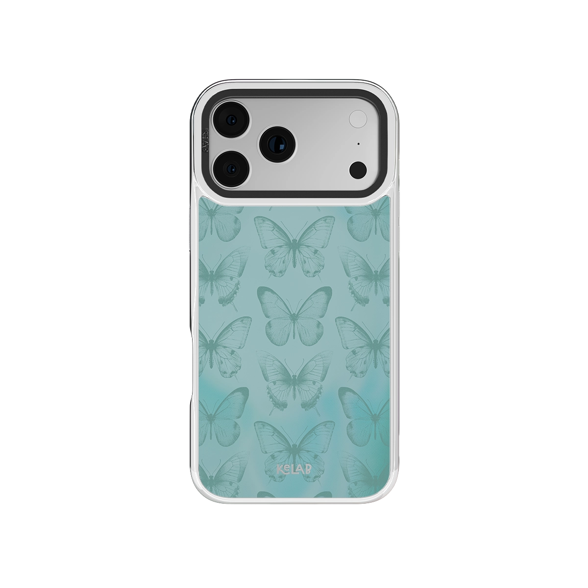 Botanical iPhone Case in iridescent green with butterfly design for iPhone 14 Pro Max