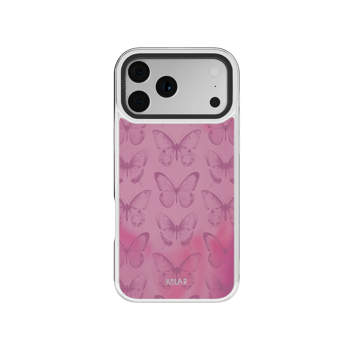 Pink butterfly-patterned iPhone Case made of TPU with a chrome silver edge for iPhone 14 Pro Max