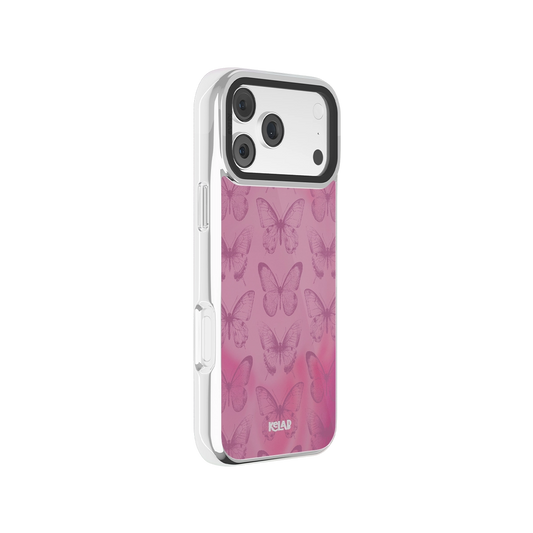 Botanical iPhone Case in iridescent pink with butterfly design for iPhone 14 Pro Max