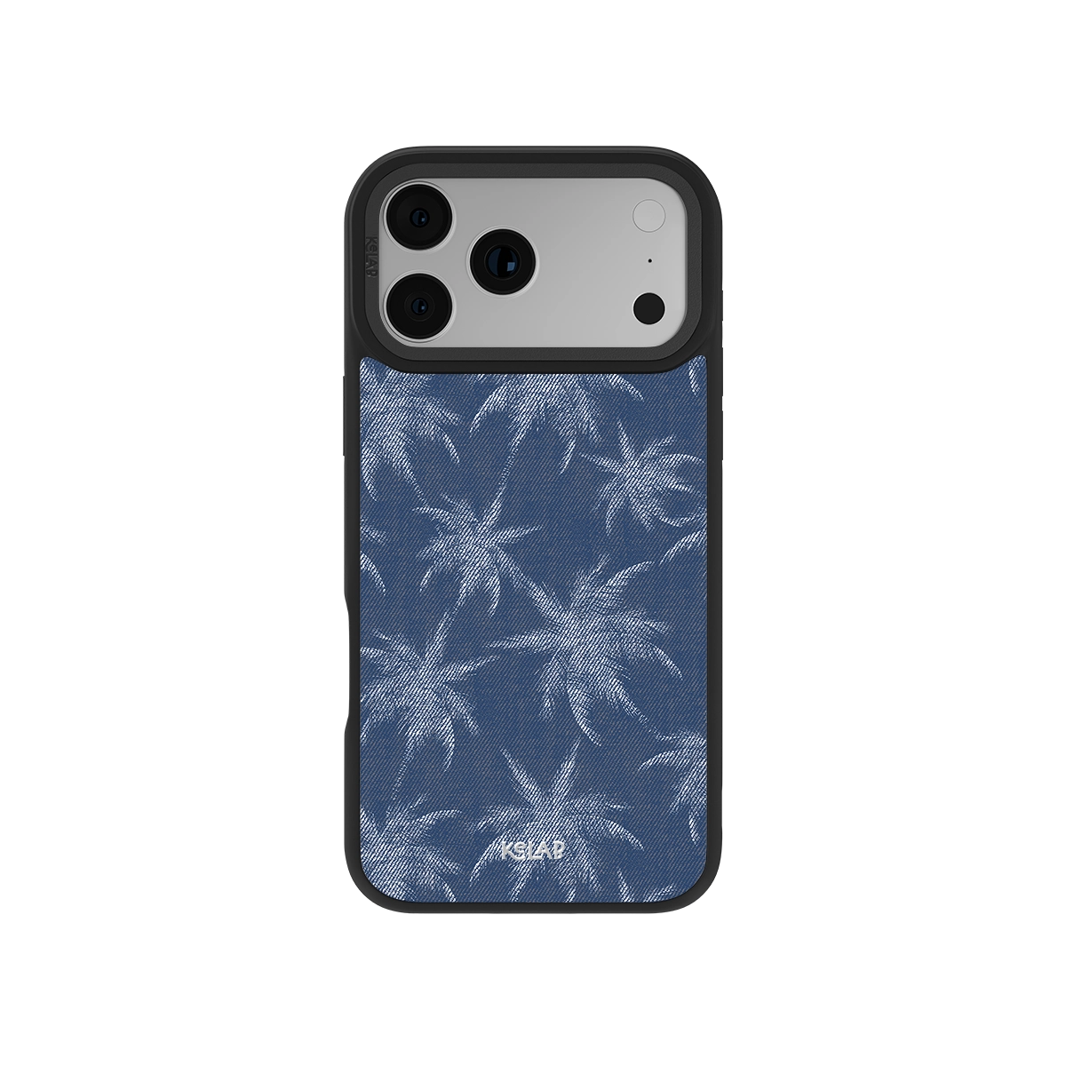 Denim Tree Patterned Phone Case inspired by Jeans | KELAB features a blue denim texture with white palm tree prints, designed for iPhone models 11 to 16.