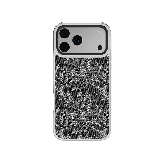 Black floral iPhone Case made from TPU material with a chrome silver border for iPhone 17 models