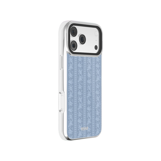 Chrome silver iPhone Case with botanical blue pattern for iPhone 14 Pro Max and 14 Pro