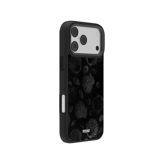 Dark KELAB iPhone Case black textured sea shell design with raised edges for camera and screen