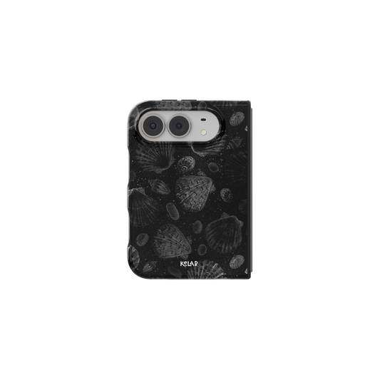 Black Seashell, Dark Coastal iPhone 18 Fold Case, unfolded front view
